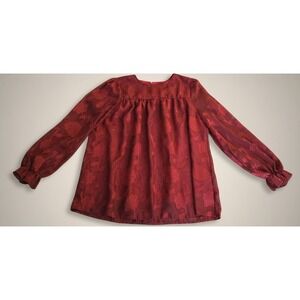 Funlingo Blouse Womens Small Burgundy Floral Sheer Long Sleeve‎ Dressy Top